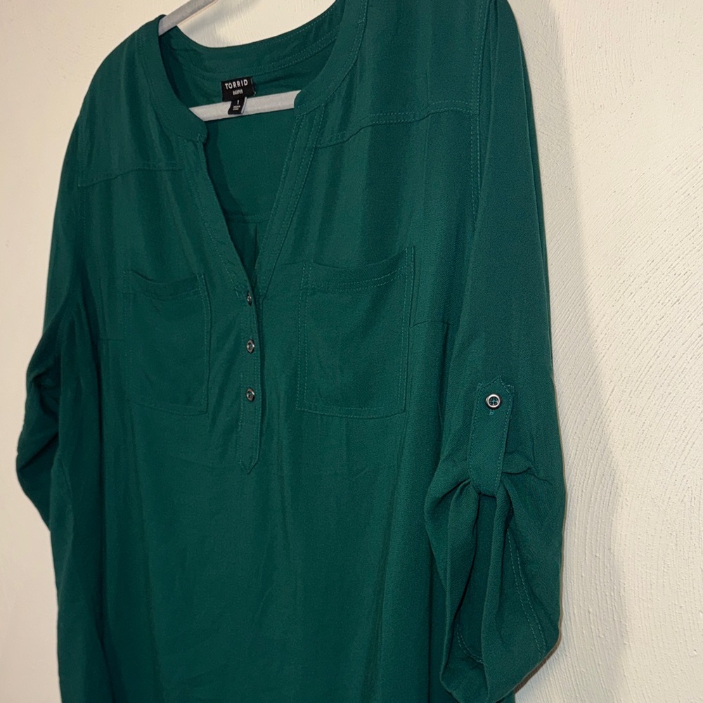 Torrid Deep Green Tunic Blouse with Button Accents - Picture 2 of 6